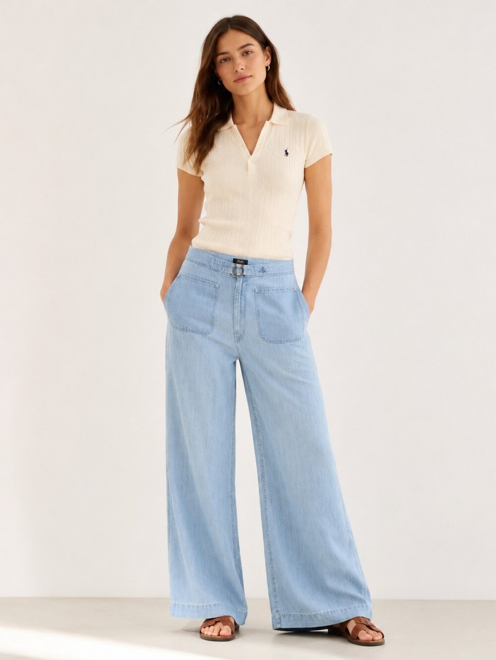 Polo Ralph Lauren Cotton Linen Wide Leg Pants Chambray Denim Wmn's Size 34/ 18
